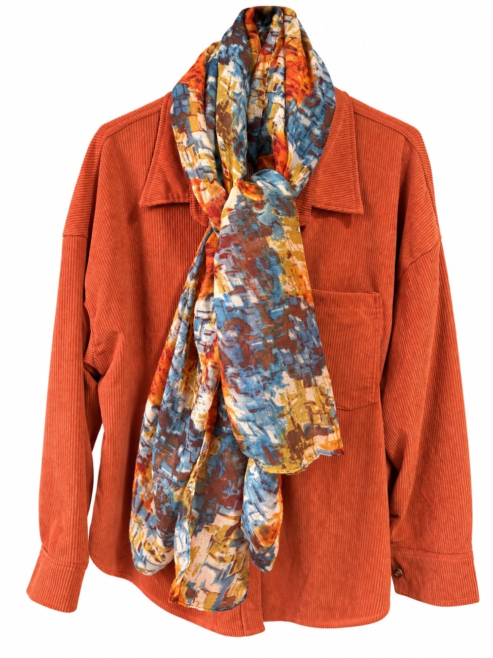 Autumn Rust Corduroy Overshirt Blazer with Multicolor Scarf XL